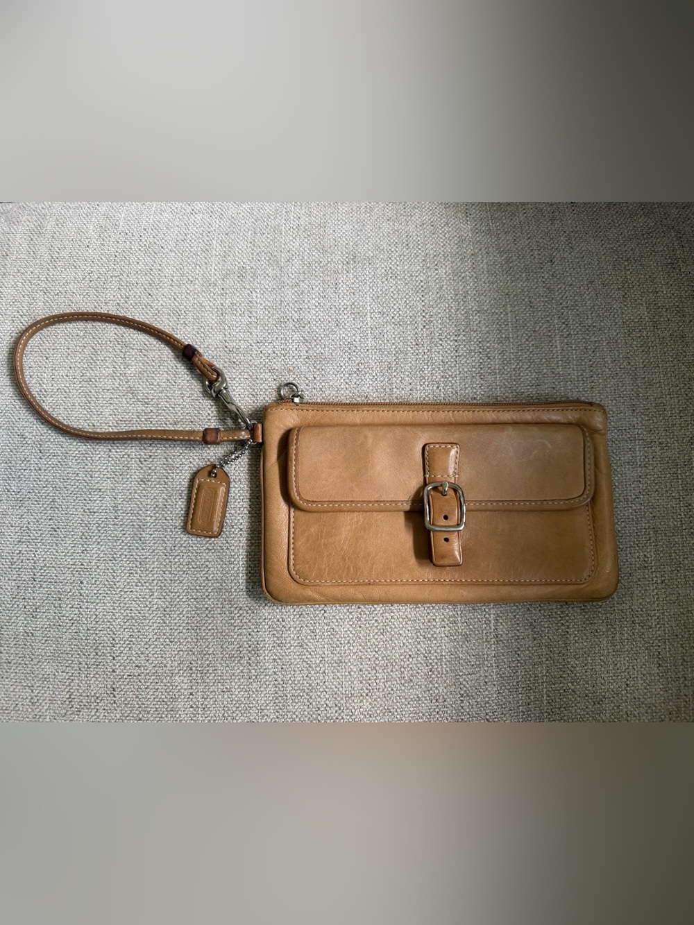 Coach Tan Leather Wristlet with Buckle Accent